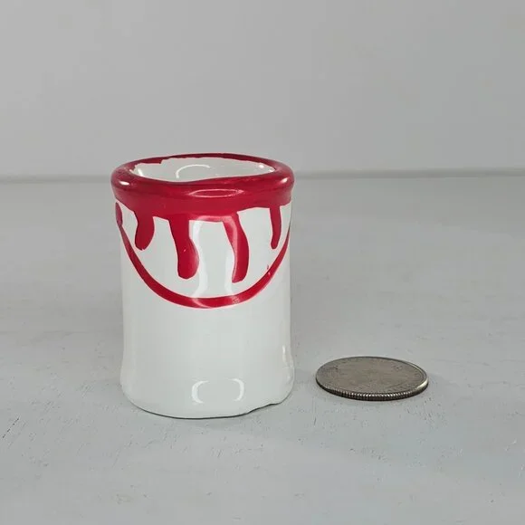 Ceramic Shot Glass With Red Drip Design Toothpick Holder Paint Spilled Design - Picture 6 of 6